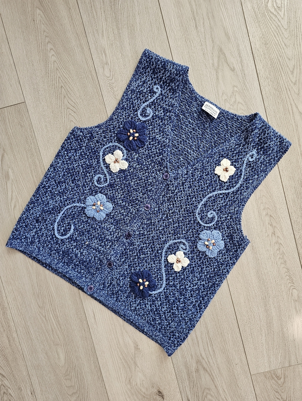 Vintage 90s‎ Floral Embroidered Sweater Vest Blue Cottagecore Grandmacore, Small